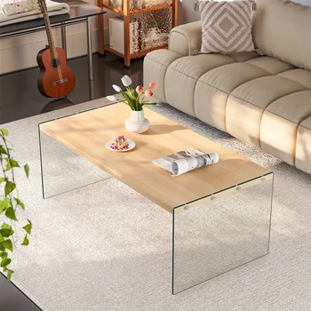 Modern Living Room Center Table 120x60cm Rectangle Wood Tabletop Coffee Table Tea Table with Tempered Glass Stand
