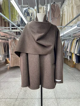 Cappotto in lana con colletto sciarpa caffè da donna, giacca autunno inverno da donna elegante e ampia 2025 1