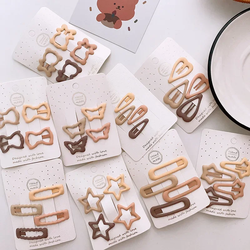 4PCS/lot Baby Solid Hair Clips Star Rabbits Bear Hairpins for Girls Children Milk Tea Color Geometric Pins Cute Hair Accessories 5