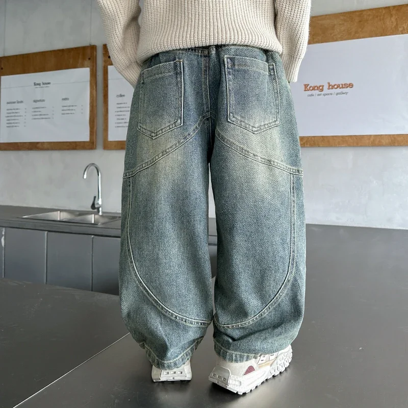 스트리트웨어 캐주얼 와이드 레그 패치워크 데님 팬츠 키즈 아동 y2k 배기진 남아 하라주쿠 빈티지 블루 고퀄리티 힙합