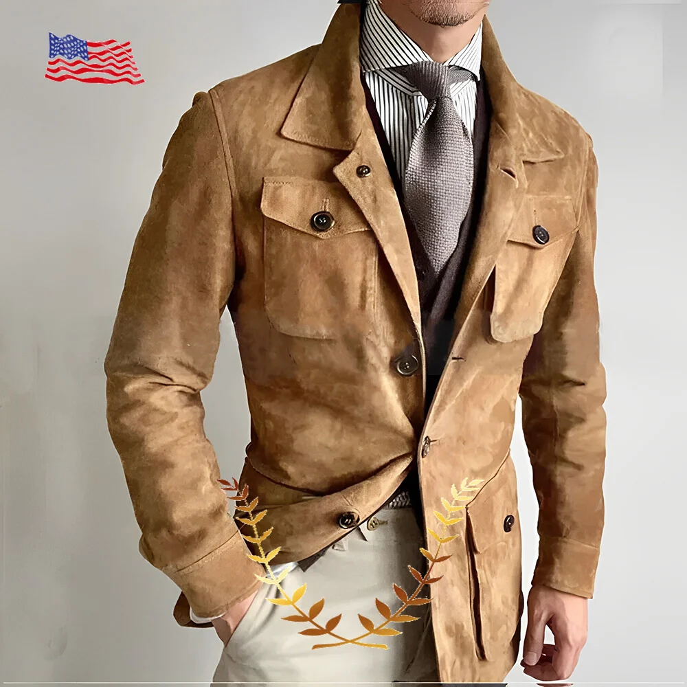 Suede Men's Blazer Casual Jacket Retro Design Warm Jacket for Autumn and Winter Formal Business Suit Male