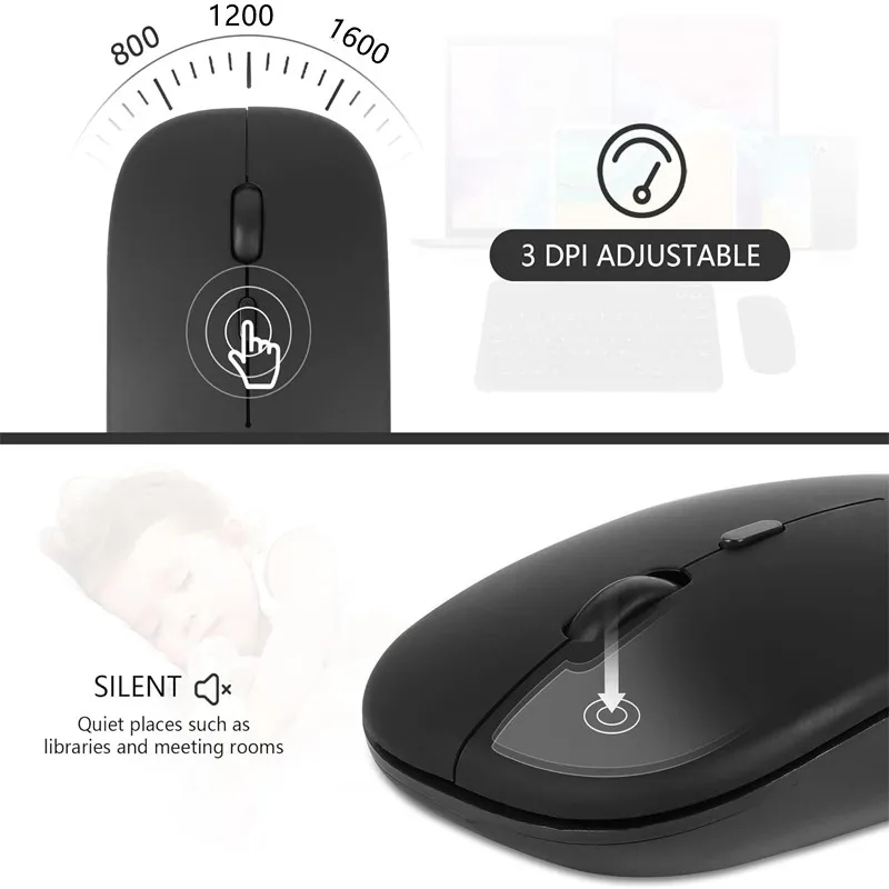 2.4G 블루투스 호환 듀얼 모드를 갖춘 무선 마우스, 1600 DPI 조절 가능, 무소음 클릭, 휴대용 인체공학적 노트북 마우스