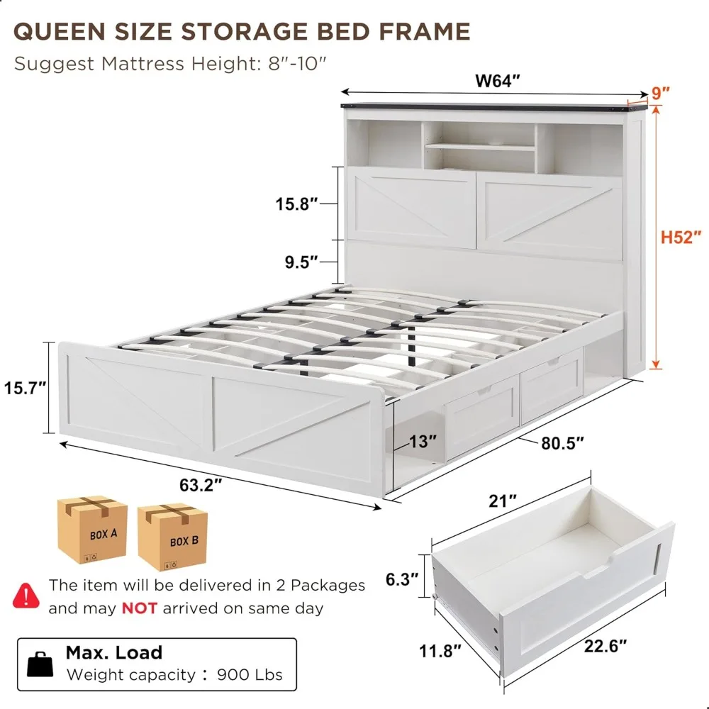 Noiseless Base Beds and Frames No Box Spring Needed- Luxury White Bedroom Furniture LED Light Bed Headboard Charging Station 2