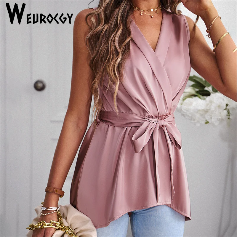 

Women Vest 2023 Summer Fashion Casual Versatile Design Belt Sleeveless Lapel Slim Casual Ladies Vest Commuting Thin Section Top