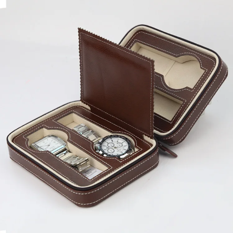 

Zipper Watch Box Bag Brown 4-Position Portable Watch Storage Leather Bag Lightweight, Easy to Carry, Durable in Stock