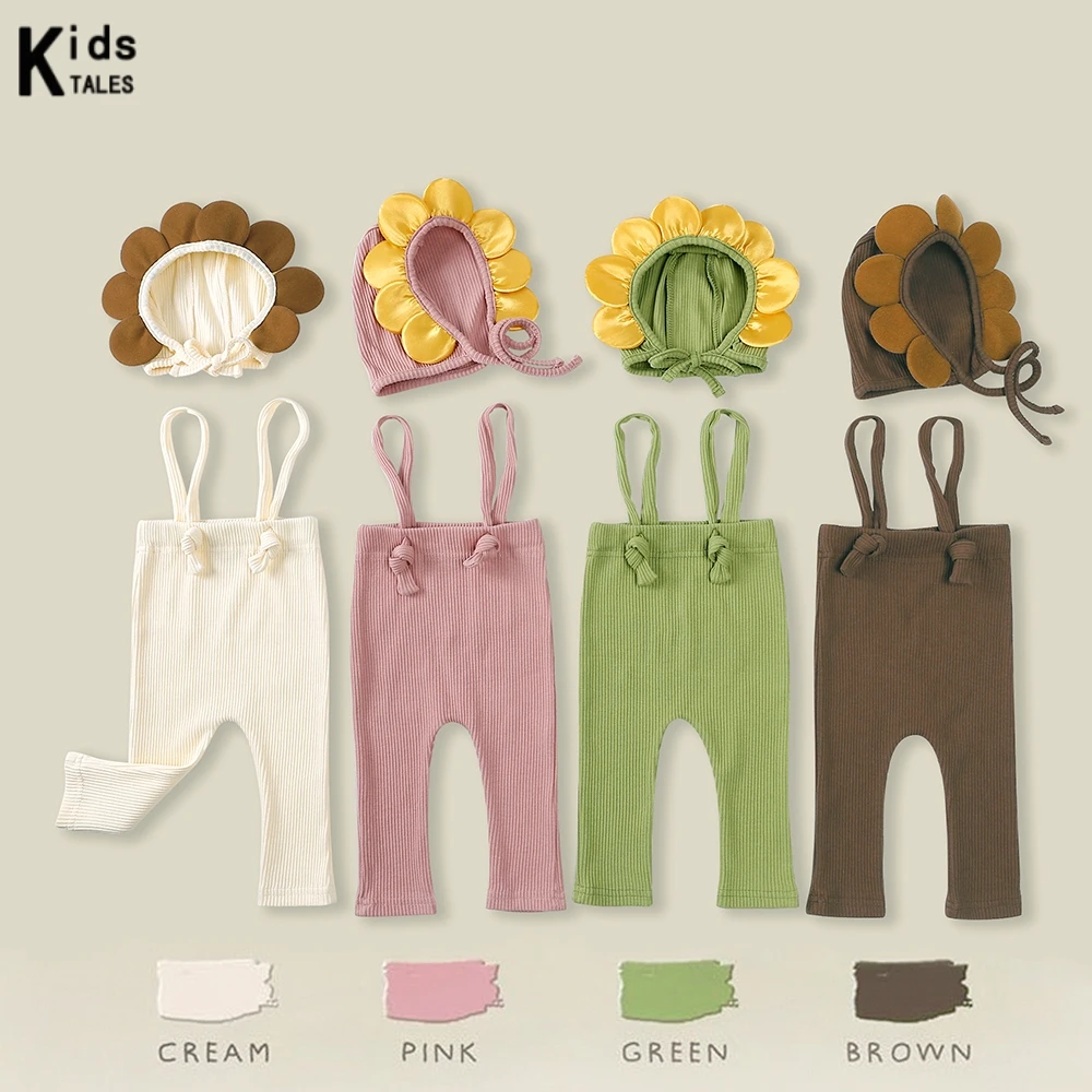 Cute Newborn Baby Boy Girl Pants Infant Suspender Stripe Elastic Pant Matching Hat Long Sleeve T-shirt Toddler Casual Sets Kids Trousers Linen Cotton Pants