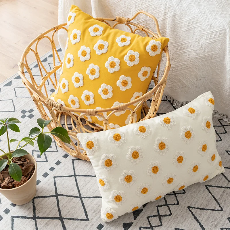 

Tufted Embroidery Flower Pillow Cover, Bay Window Cushion Cover, Living Room Sofa Pillowcase