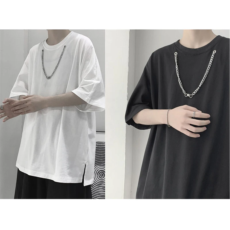 

2 Pieces Hem Split Fork Short Sleeve Men T Shirts With Chain Summer Fashion All-match Casual Harajuku Oversized Couples Tops Tee