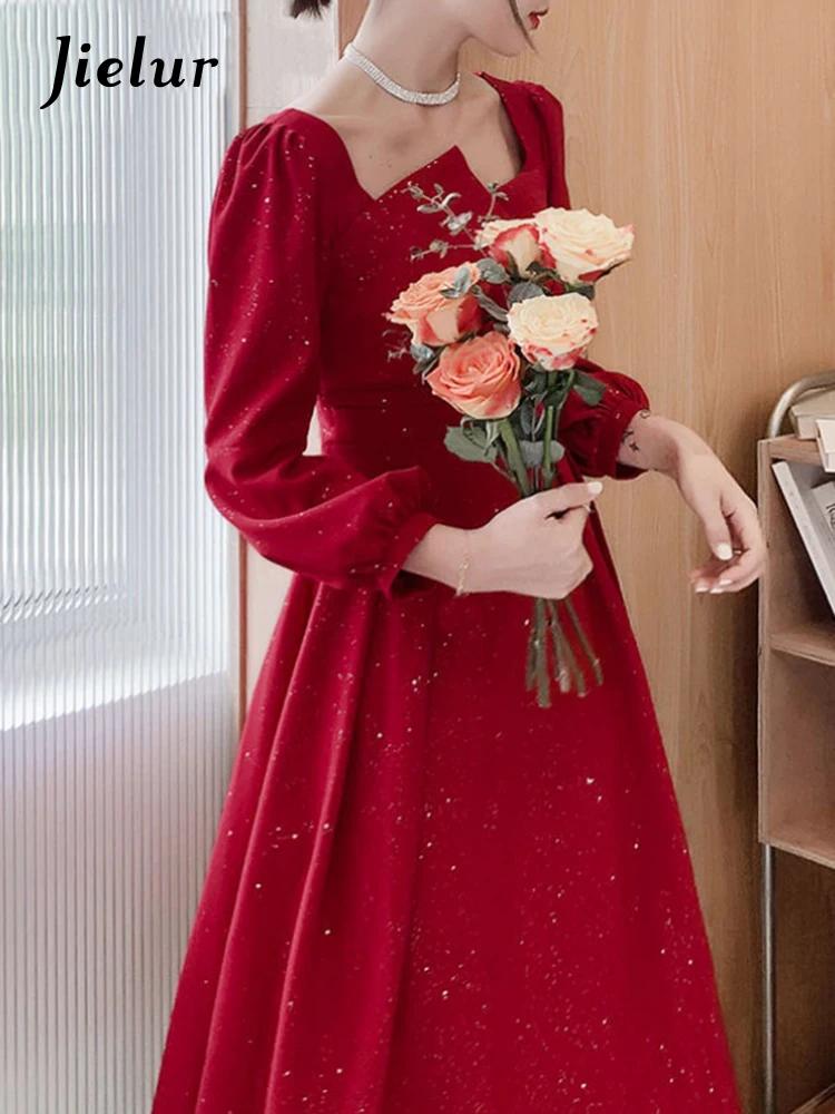 Jielur Winter Evening Party Dress Women Elegant One Piece Dress Korean Puffer Sleeve Y2k Midi