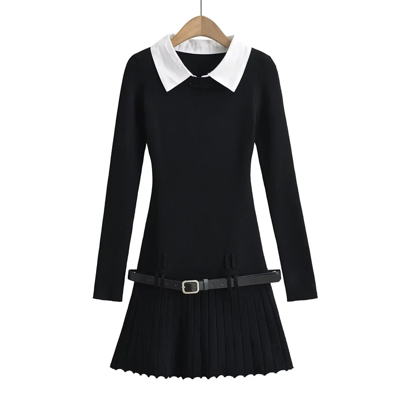 Korean Fashion Knitted Short Dresses for Women Autumn New Patchwork Long Sleeve Pleated A-line Y2K Sexy Party Dress with Belt