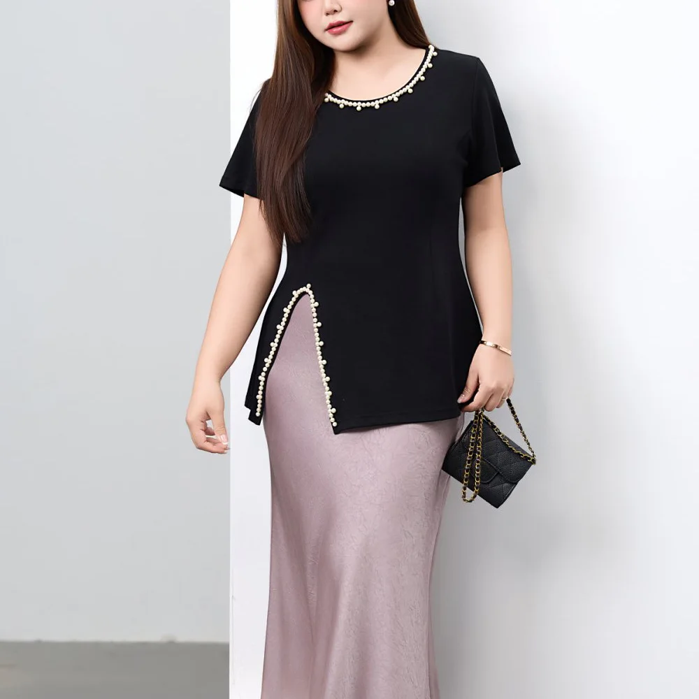 Pearl Beading Slit Hem Casual short-sleeved Top Plus Size Women Premium O-Neck T-shirt 9105