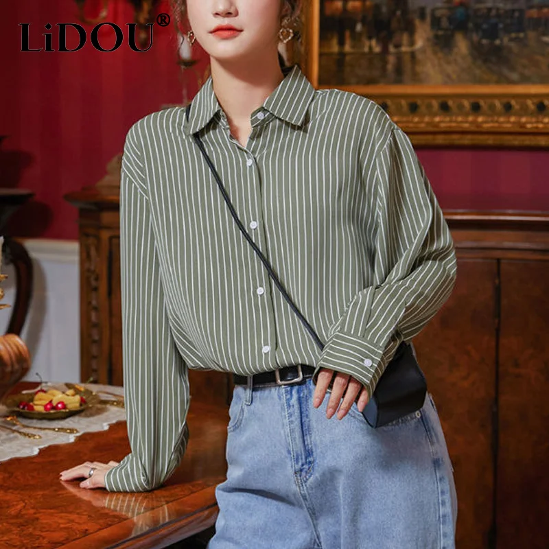 Spring Autumn Vintage Striped Shirt 2023 Women POLO Collar Single Breasted Loose Simplicity Coat Korean Style Personality Tops autumn and winter men s sweater solid color trend of personality handsome pullover loose casual round neck versatile knitwear