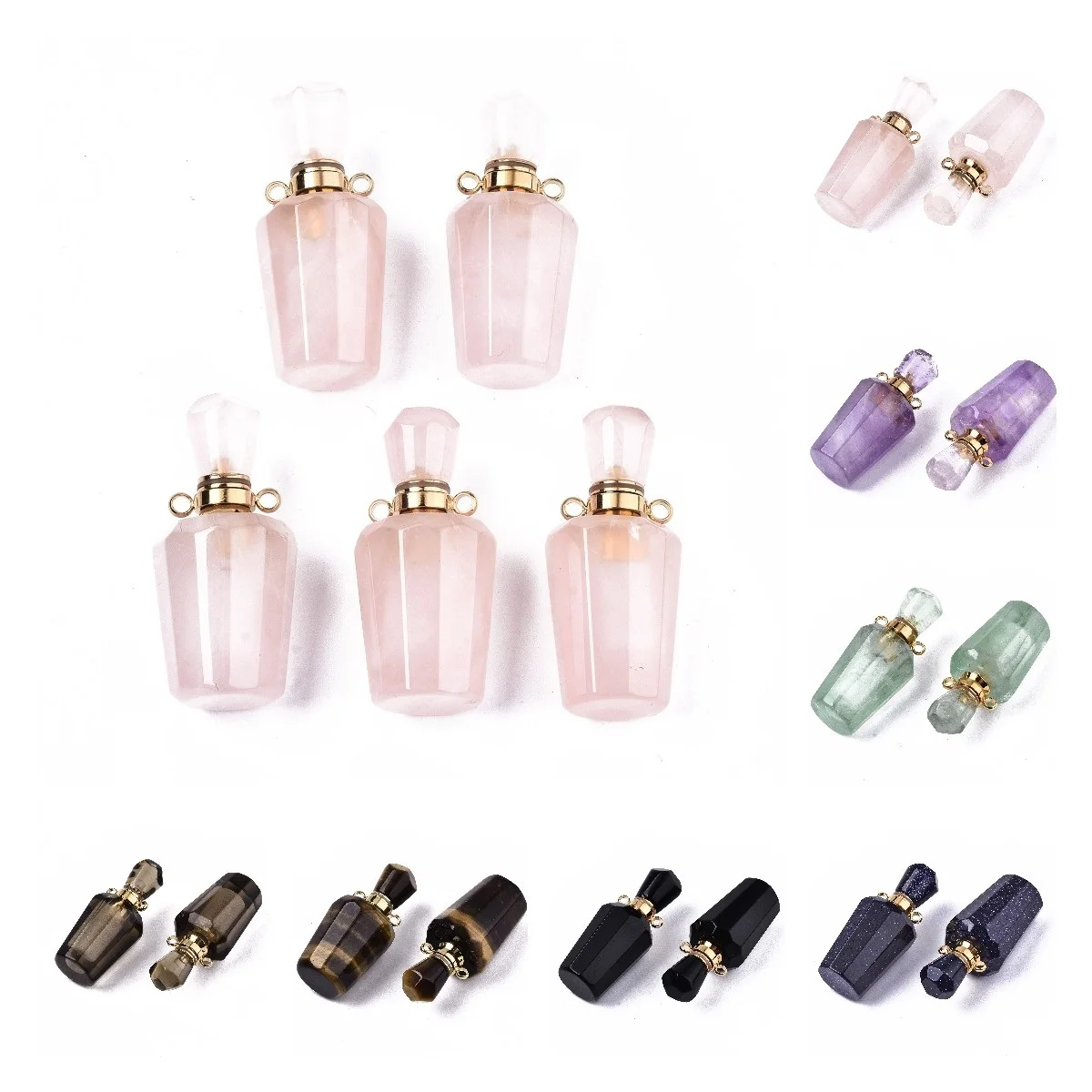 

3pcs Perfume Bottle Natural Stone Fluorites Amethysts Rose Quartzs Essential Oil Bottles Pendant for DIY Necklace Jewelry Making