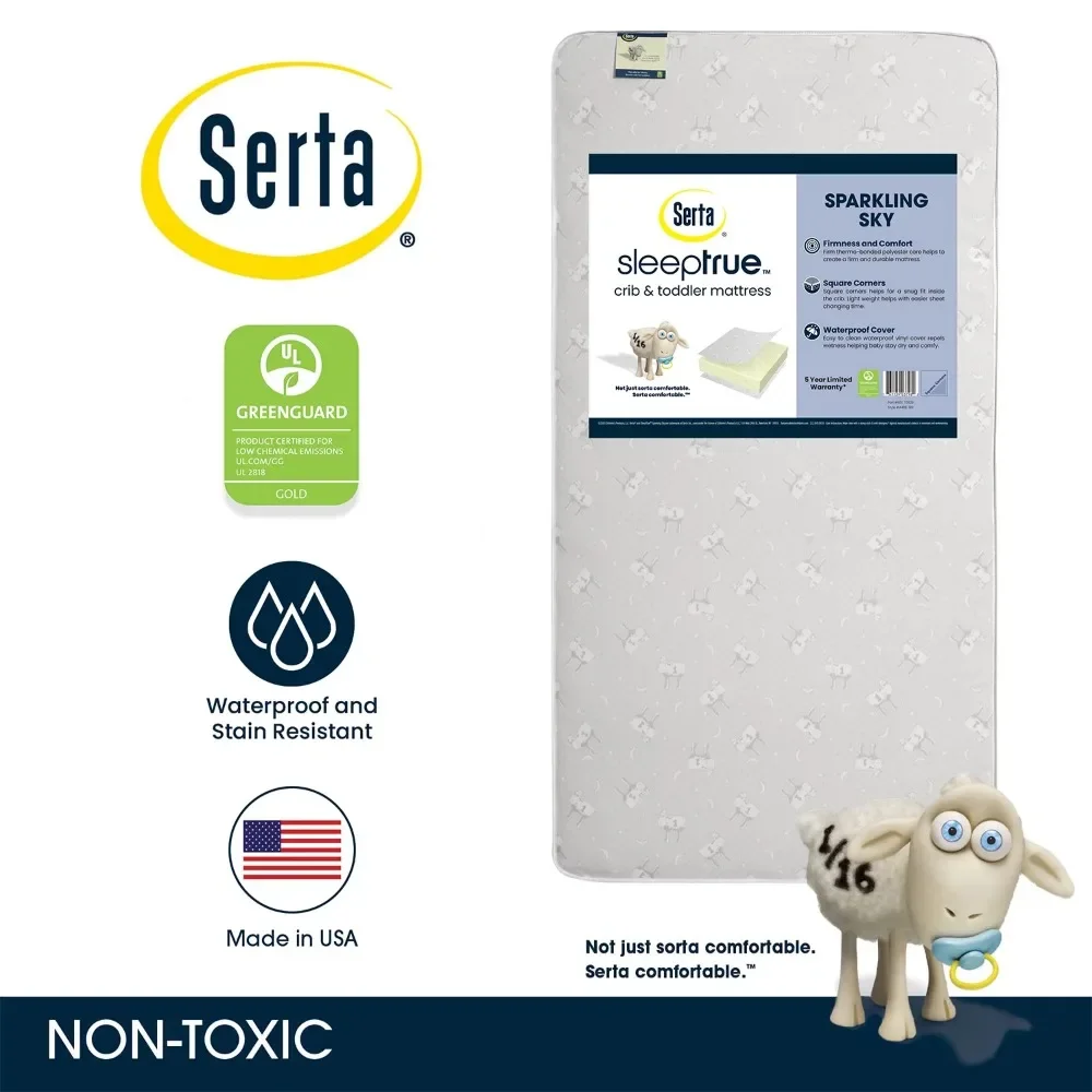 Serta SleepTrue Sparkling Sky 5" Dual-Sided Crib & Toddler Mattress - Sustainably Sourced Fiber Core - Waterproof - Lightweight 2