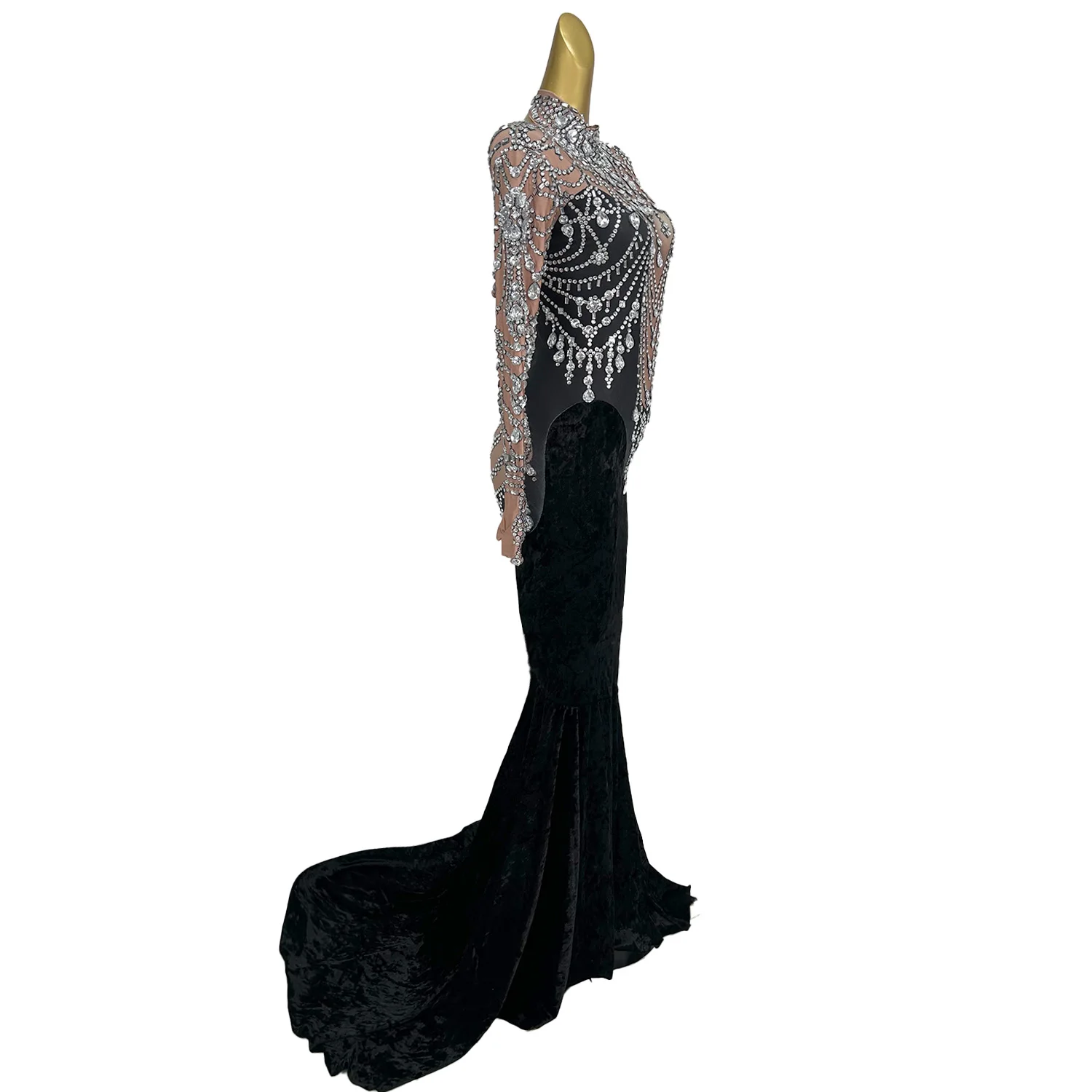 knee length dresses for ladies Gorgeous Dark Gray Diamonds Evening Dresses Long Sleeve – Souad15 Boutiques main image 0
