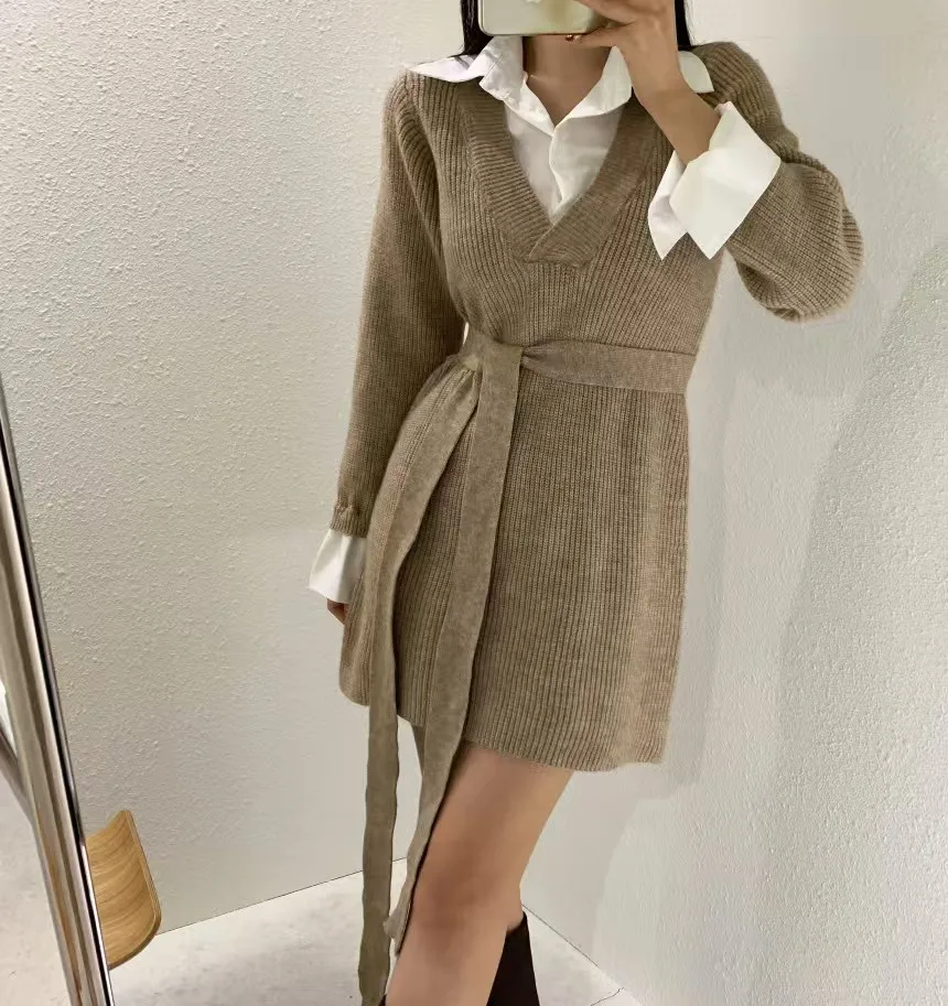 Korean Chic Mini Dresses Women Turn-down Collar Long Sleeve Shirt Patchwork Autumn Winter Knitted Dress Casual Fashion Vestidos