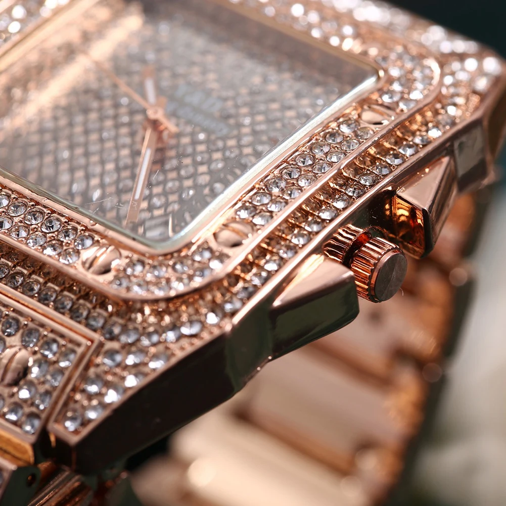 Super Shine Hip Hop Iced Out Men Watch Square Diaond Quartz Mens Wrist Watches Gold Roan Calendar Steel Clock_voghion.com