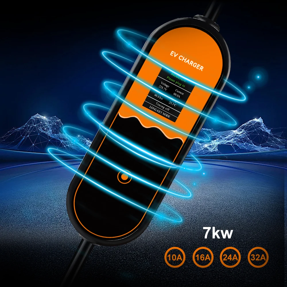 ADPOW 32A 7KW Type2 EV Charger Portable Electric Vehicle Charger Adjust Current EVSE Charging Cable Wallbox Fast Charging