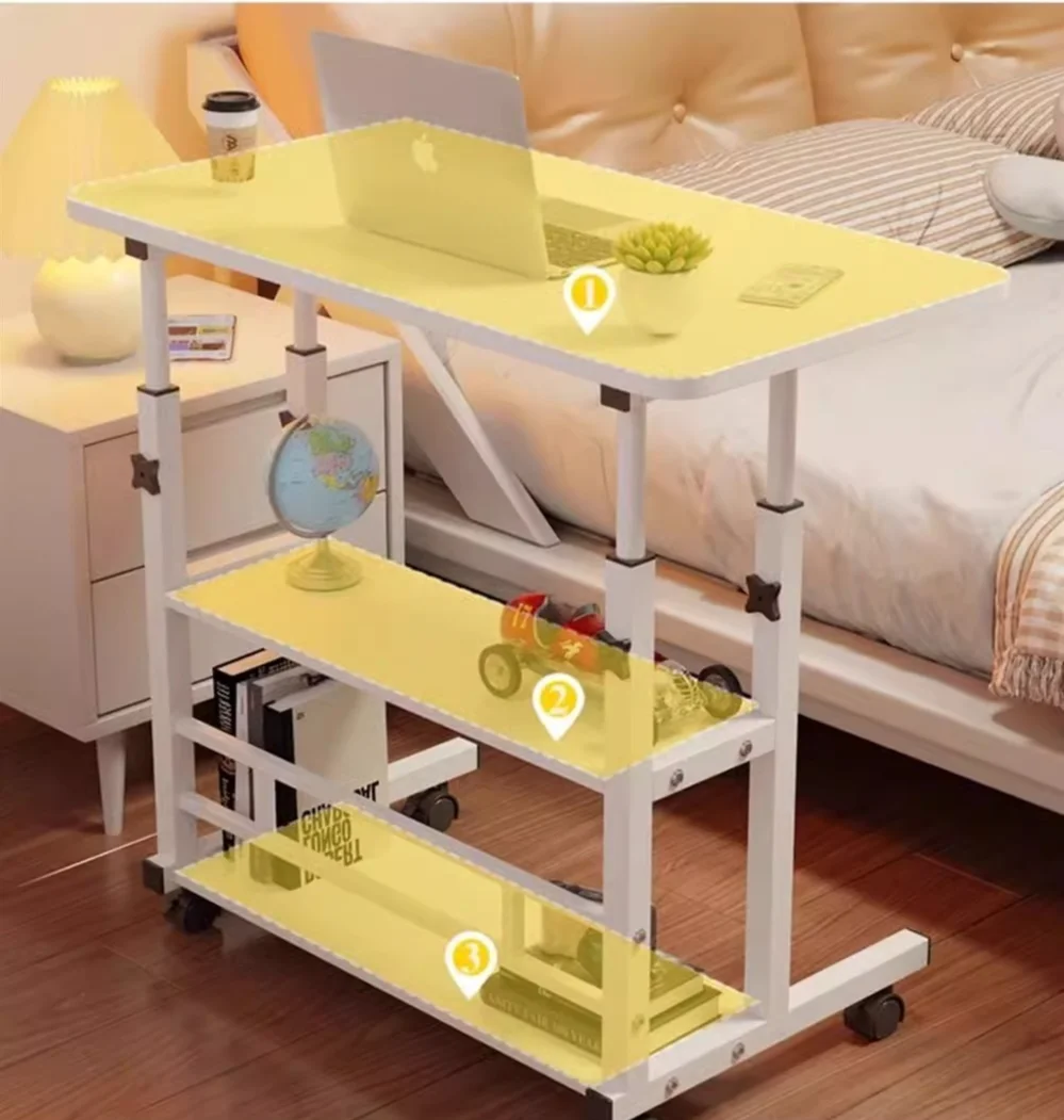 Three-layer Multifunctional Folding Desk with Wheels, Adjustable Height and Storage Shelves，Suitable for Bedroom, Outdoor Office