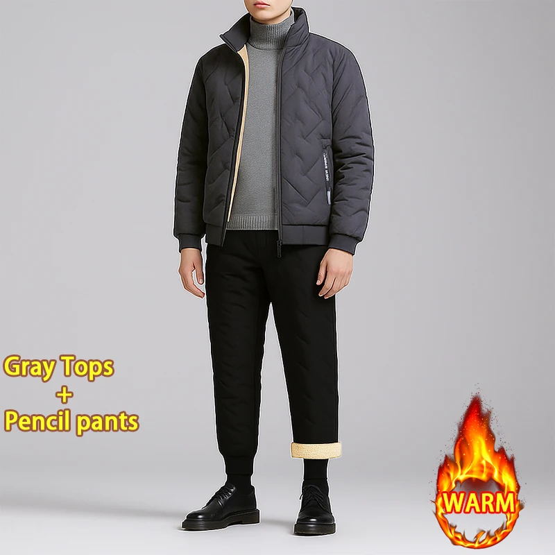 Men's 2 Piece Waterproof Jackets Casual Zipper Heavyweight Tracksuit Athletic Warm Outerwear Windproof Thick Coat Set Streetwear