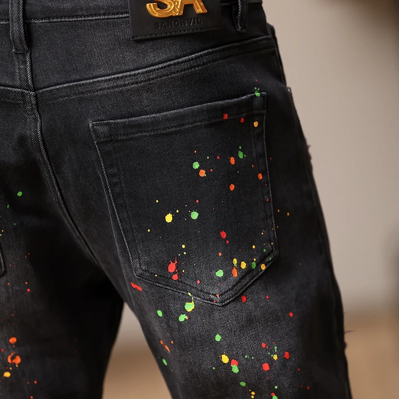 Street Fashion Men Jeans Retro Black Gray Stretch Slim Fit Ripped Jeans Men Painted Designer Hip Hop Splashed Denim Pencil Pants