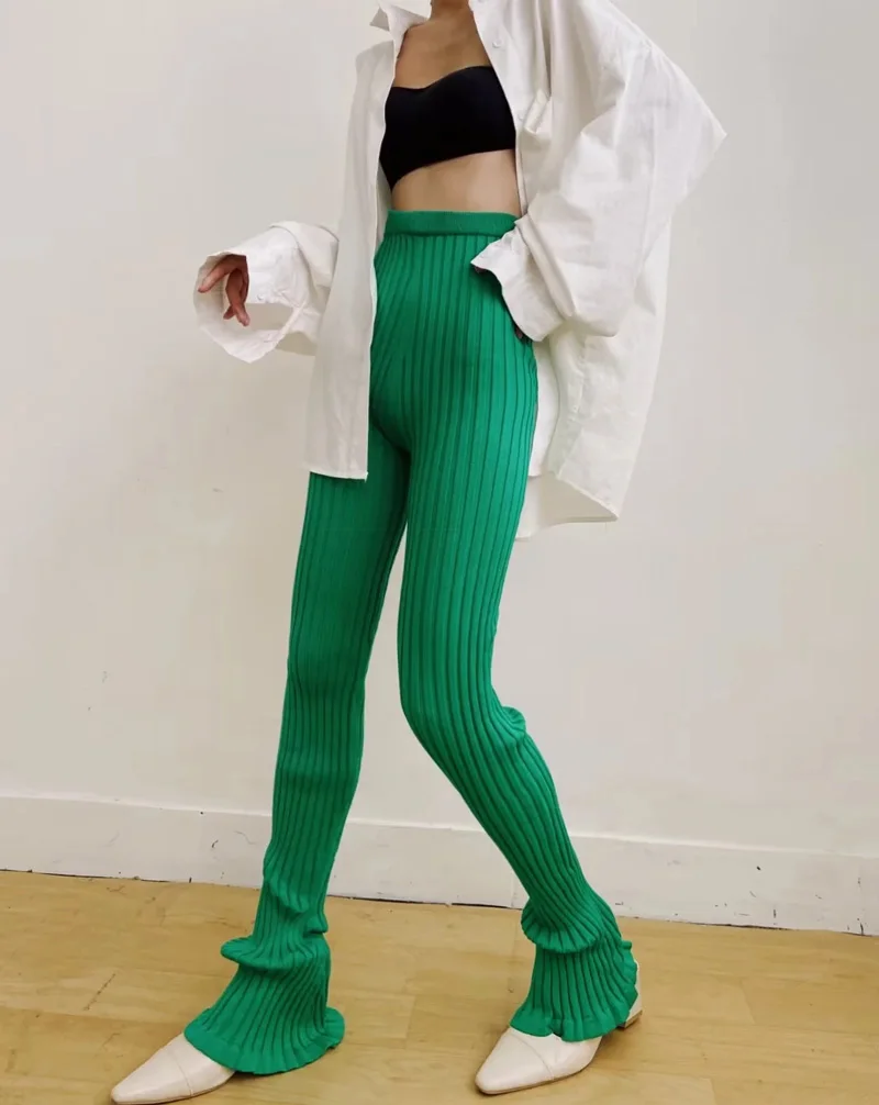 Sun-imperial High Rise Knitted Ribbed Flared Skinny Leggings