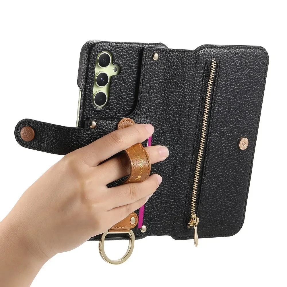 Card Holder Wallet Wrist Strap Ring Flip Phone Case