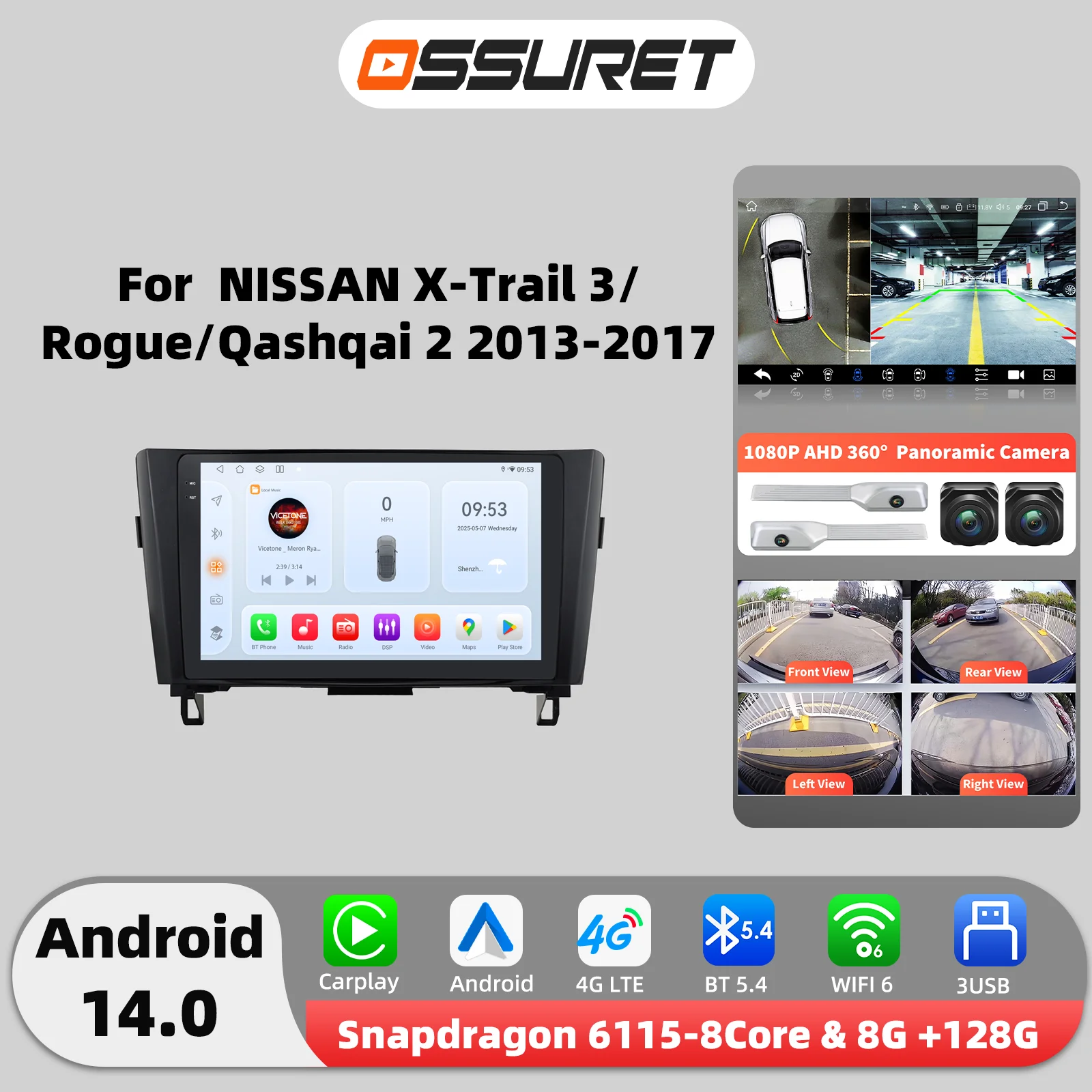 Autoradio Android 14 6115 pour Nissan Qashqai 2 J11 X-Trail X Trail 3 T32 Rogue, lecteur multimédia 4G Carplay 2din