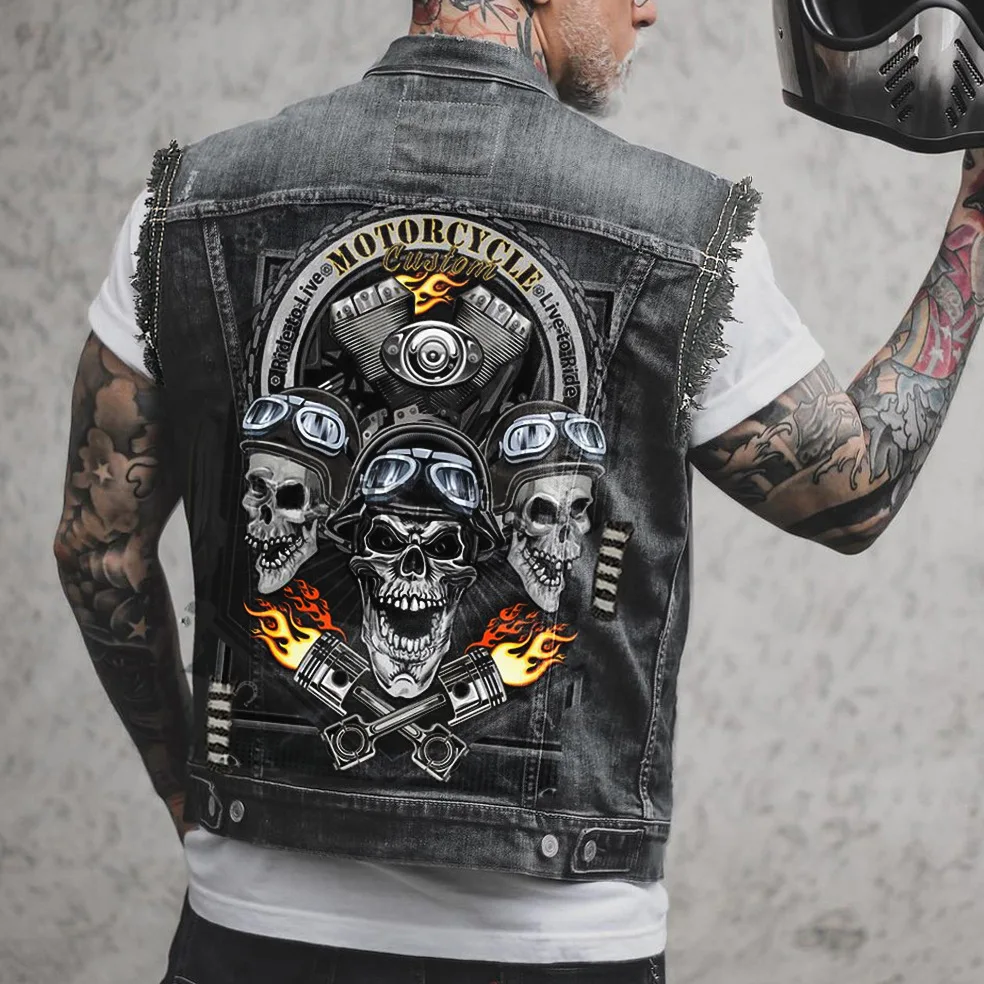 Men's Spring And Summer Four Seasons New Hot-selling Street Riding Motorcycle Peng Skull Print Sleeveless Vest Denim Jacket