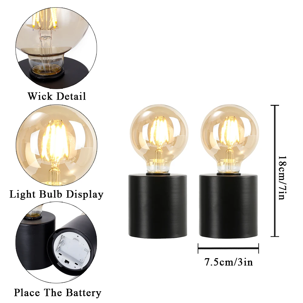 배터리 전원 무선 테이블 램프, 에디슨 스타일 전구, 거실 홈 데코, 실내, 야외, 블랙, 2 세트
