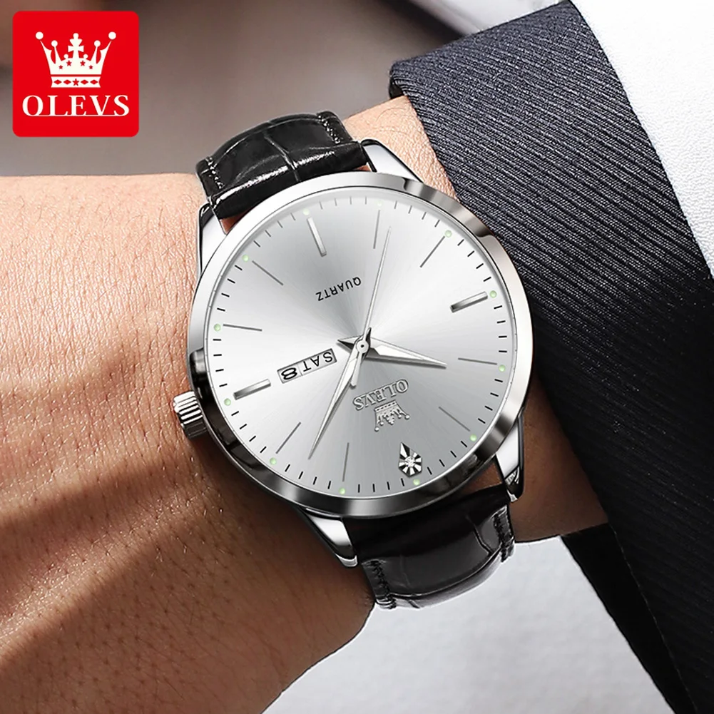 OLEVS 2935 Men's Watch Dual Calendar Waterproof Luminous Quartz Watch For Men 43mm Big Dial Leather Fashion Business Wristwatch