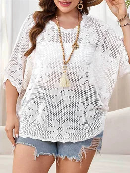 1XL - 4XL Half Sleeve Solid Crochet Knitted Tunic Beach Cover Up Beach Wear Beachwear Female Women Cover-ups Beach Dress K8285 1