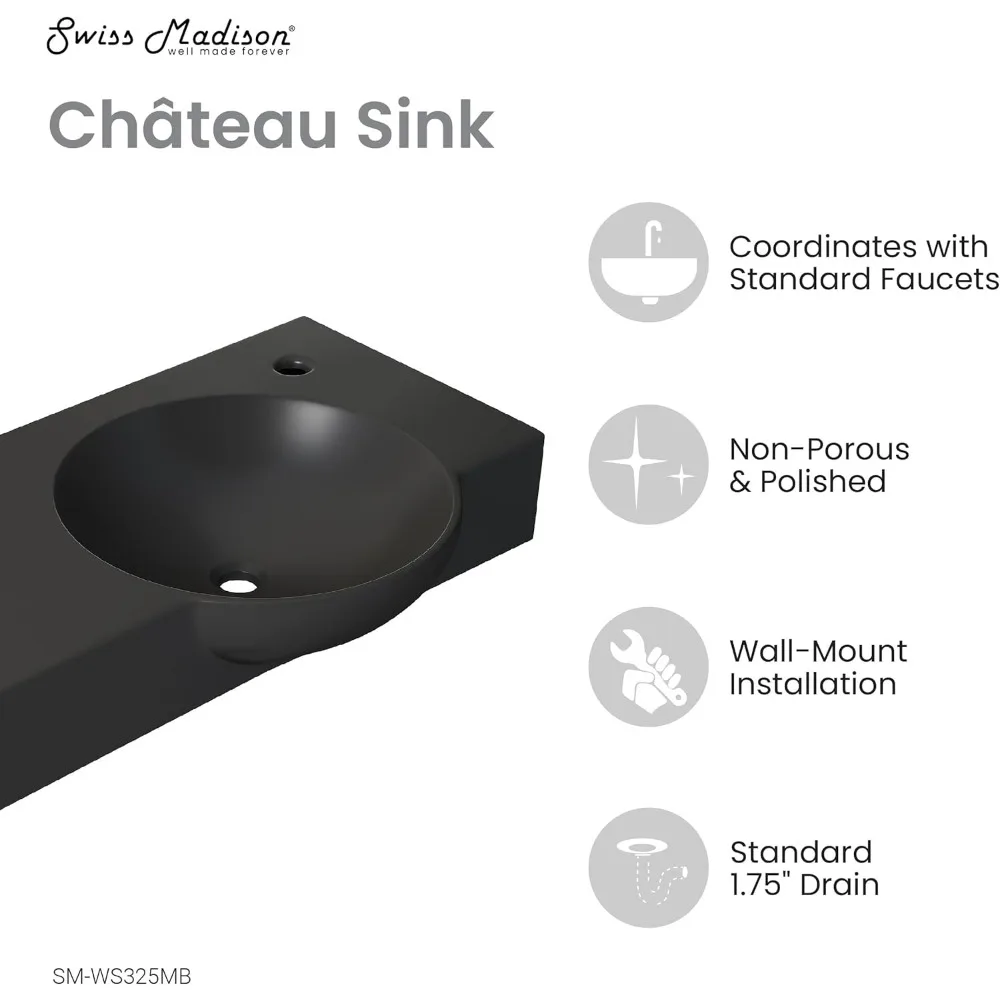 Chateau 30" Right Side Faucet Wall-Mount Bathroom Sink in Matte Black 2