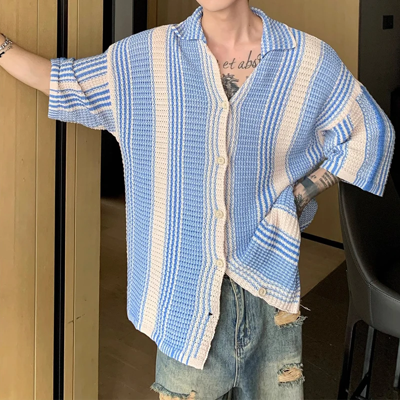 남성용 반팔 할로우 아웃 니트 셔츠, 스트라이프 대비 칼라 니트 가디건, 패션 상의, 단추 셔츠, 여름