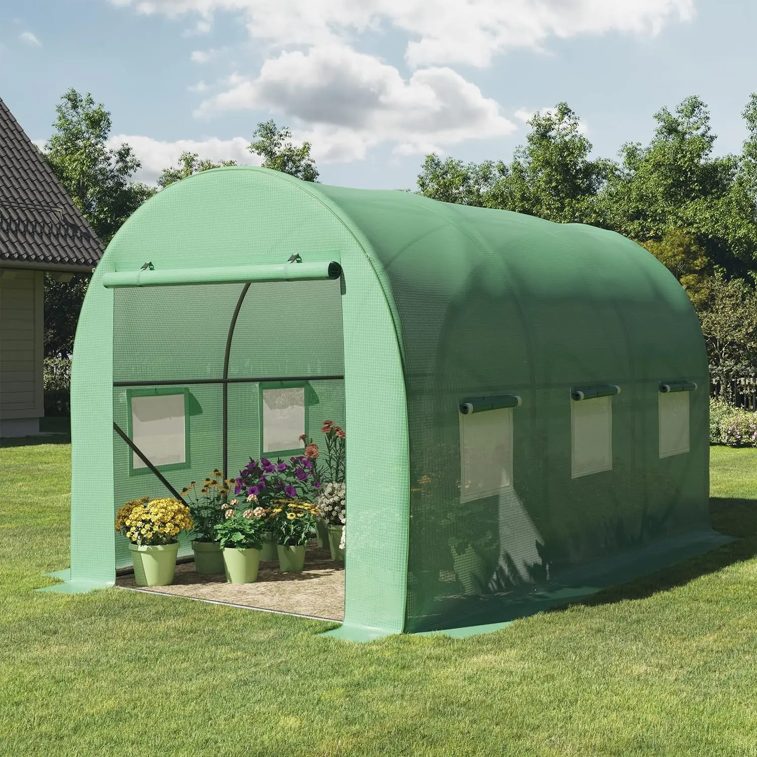 

Lean to Greenhouse - 10/12ft Walk in Green House with Roll-Up Zippered Doors and 6 Shelves - Gardening Supplies