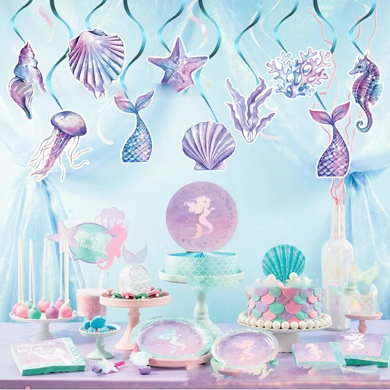 

Mermaid Theme Garlands Pendant Aquatic Shell Seahorse Spiral Girl Mermaid 1st Birthday Party Decor Under The Sea Party DIY Favor