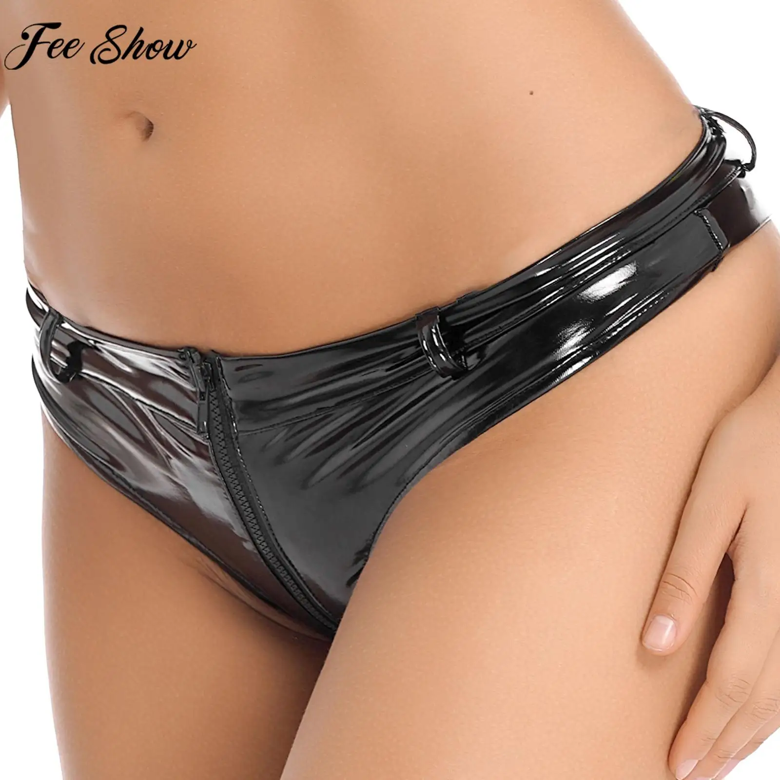 

Women Pole Dancing Briefs Clubwear Zipper Crotch Panties Wet Look Patent Leather Low Waist Booty Shorts Party Club Bar Hot Pants