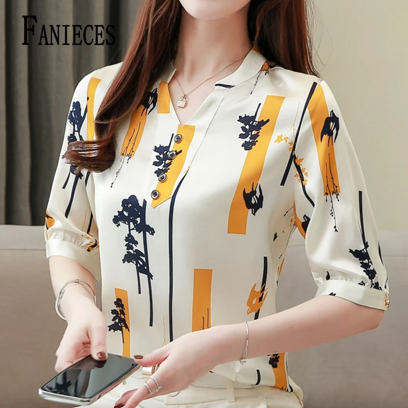 

FANIECES 한국인리뷰많은옷 S-4XL Summer Print Blouses For Women Fashion V Neck Short Sleeve Casual Tops Female Plus Size Elegant Shirt