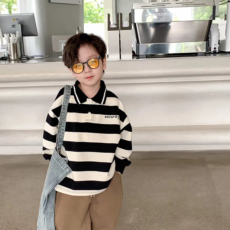 

Kids contrast color striped lapel collar Hoodies children's letters embroidery POLO shirt boys loose casual sweatshirts
