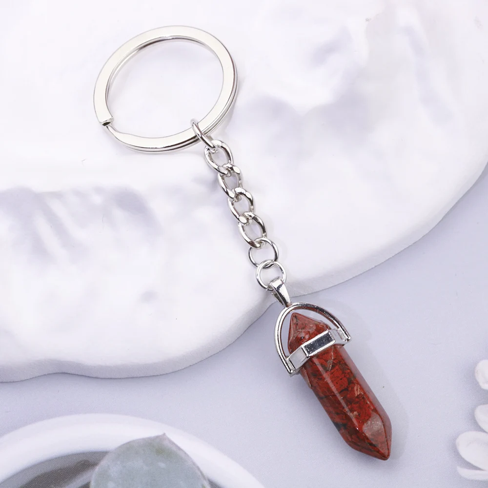20pcs Natural Six Angle Raw Ore Stone Keychain Crystal Quartz Women Men Car Key Ring Holder  Keyring Jewelry