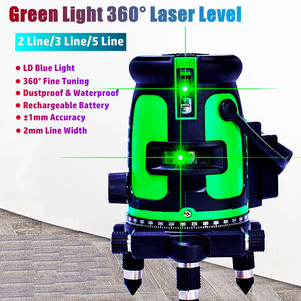 

Профессиональный Зеленый лазерный уровень с 2/3/5 линиями, лазерный уровень LD, синий цвет, самовыравнивающийся, с точной настройкой на 360 °, тонкая Строка 2 мм, яркий лазерный уровень