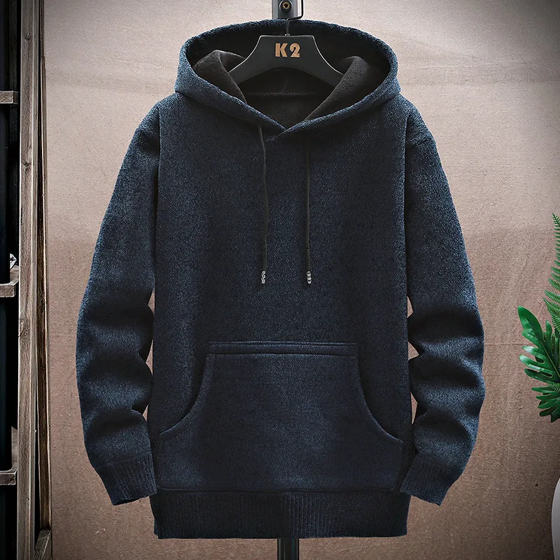 2023 Men Warm Casual Hooded Sweatshirts Knitted Pullovers Streetwear Solid Sports with Hoods Sweatshirts Men Clothing