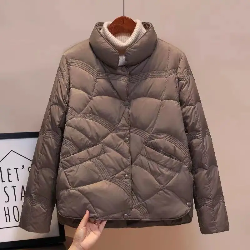 2024 New Korean Fashion Elegant Women Padded Cotton Coats Stand Collar Single Breasted Parkas Solid Long Sleeve Warm Jackets