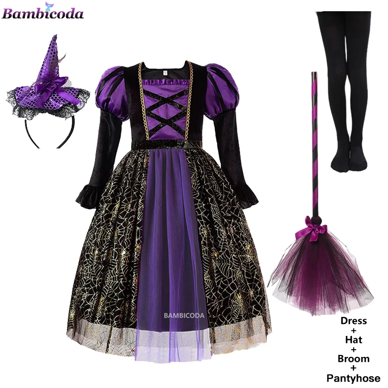 thumbnail image 1 of Vestido de fiesta de bruja para niñas de Halloween, disfraz de fantasma gótico, bata, vestido con tutú, sombrero de bruja para fiesta de carnaval de Purim, 1 of 5