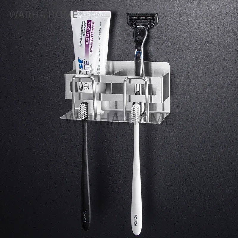 Stainless Steel Cup Holder Wall Mounted Toothpaste Rack Toiletries Storage Rack Bathroom Multifunctional Toothbrush Holder