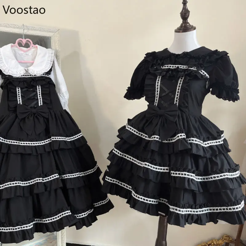 Japanese Kawaii Lolita Jsk Dress Women Vintage Gothic Ruffles Sleeveless Sweet Bow Princess Mini Dresses Girly Punk Strap Dress lolita dress lolita suspender dress lolita cosplay costumes suspender dress