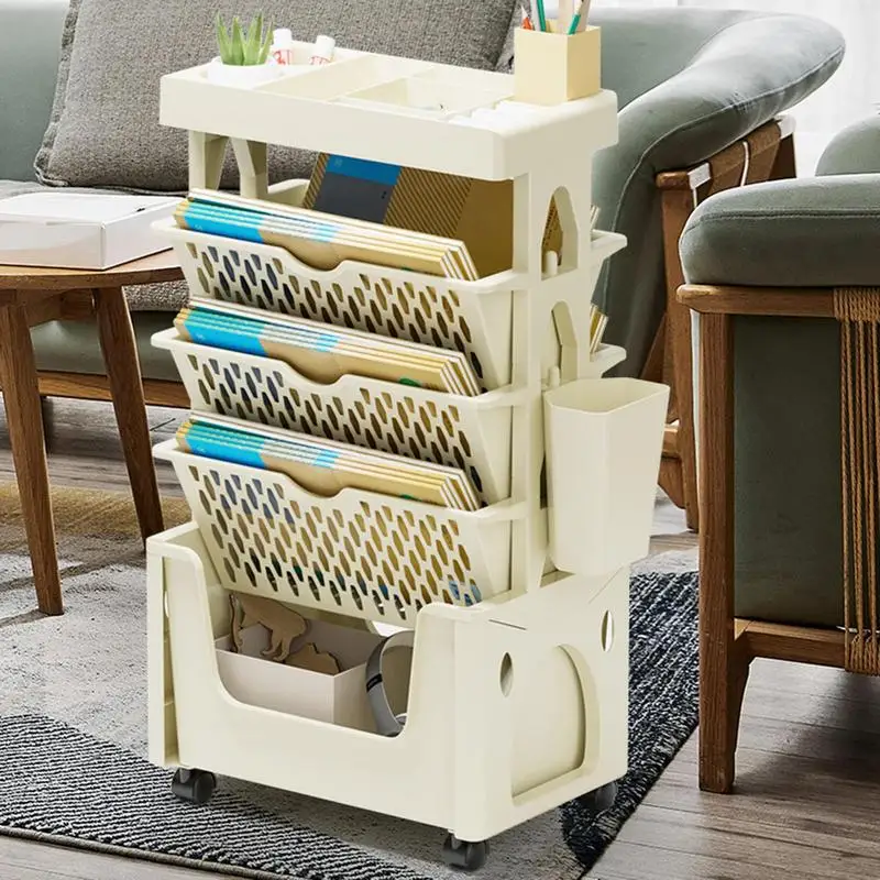 5 Tier Movable Book Shelf On Wheels Rotatable Storage Bookcase Creative Bookshelf Display Stand Home Decoration Book Organizer