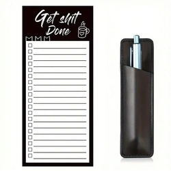 Magnetic Grocery List Notepad with Pen Holder and Leather Marker Pouch (One Stripe)