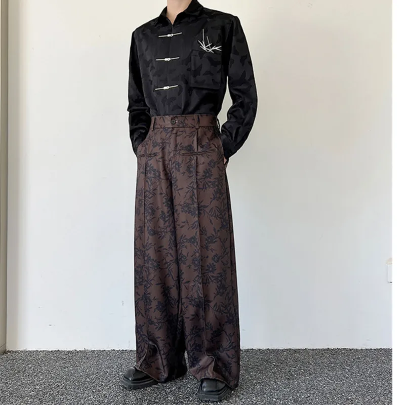 Men Print Pants High Waist Draped Joggers Loose Streetwear Pockets Wide Leg Trousers Men Vintage Casual Male Pants