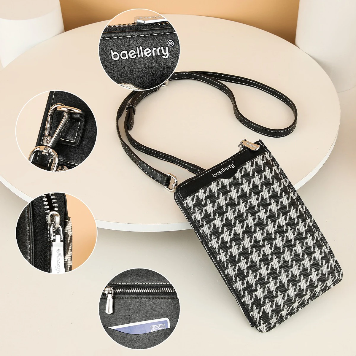 Houndstooth Phone Crossbody Bag, Women's Small Shoulder Bag with Black White Contrast Trim, Vintage Office Chic Purse